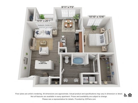 Floor plan for 1 bed, 1 bath, 834 sqft